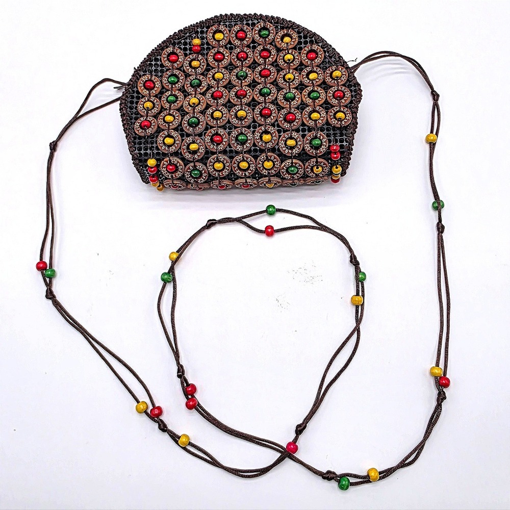 Robin Ruth Beaded‎ Mesh Crossbody Bag Wood Discs Rasta Colors Boho Festival Mini